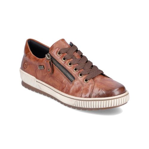 A brown leather lace-up sneaker with a zipper on the side, an off-white midsole and brown outsole.