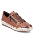 A brown leather lace-up sneaker with a zipper on the side, an off-white midsole and brown outsole.