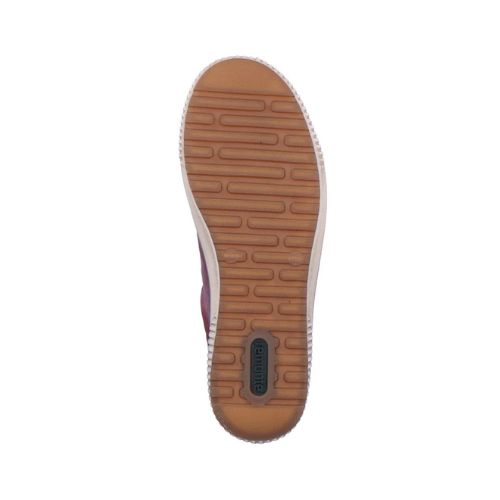 Tan rubber treaded outsole with green Remonte logo on heel.