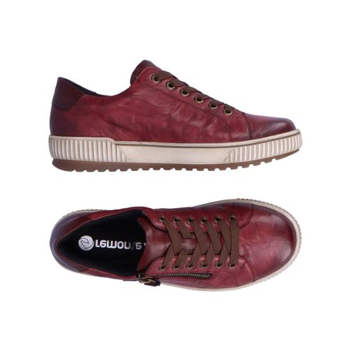 Pair of A red leather lace-up sneaker with a zipper on the side, black Remonte logo'd footbed, an off-white midsole and brown outsole.