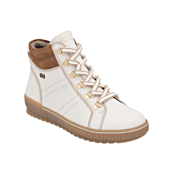 White high-top lace sneaker boot with brown cuff and tan rubber outsole. 