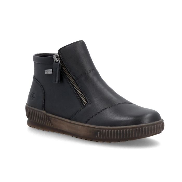 A black leather ankle boot with a side zipper, accent stitching, and a brown textured brown outsole.