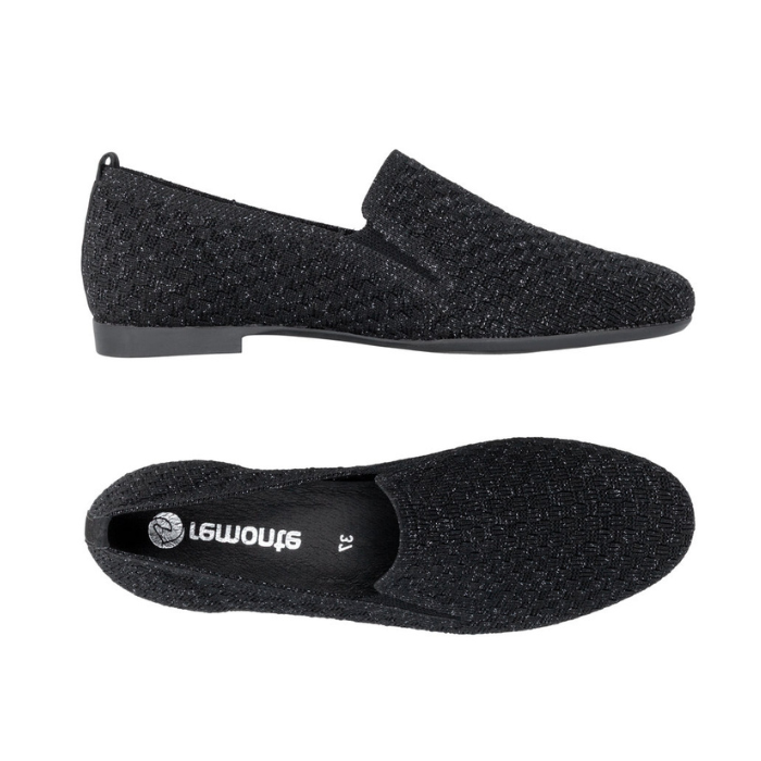 Pair of Black glittery loafer with slim profile, heel tab, black Remonte logo'd footbed and black rubber outsole.