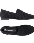 Pair of Black glittery loafer with slim profile, heel tab, black Remonte logo'd footbed and black rubber outsole.