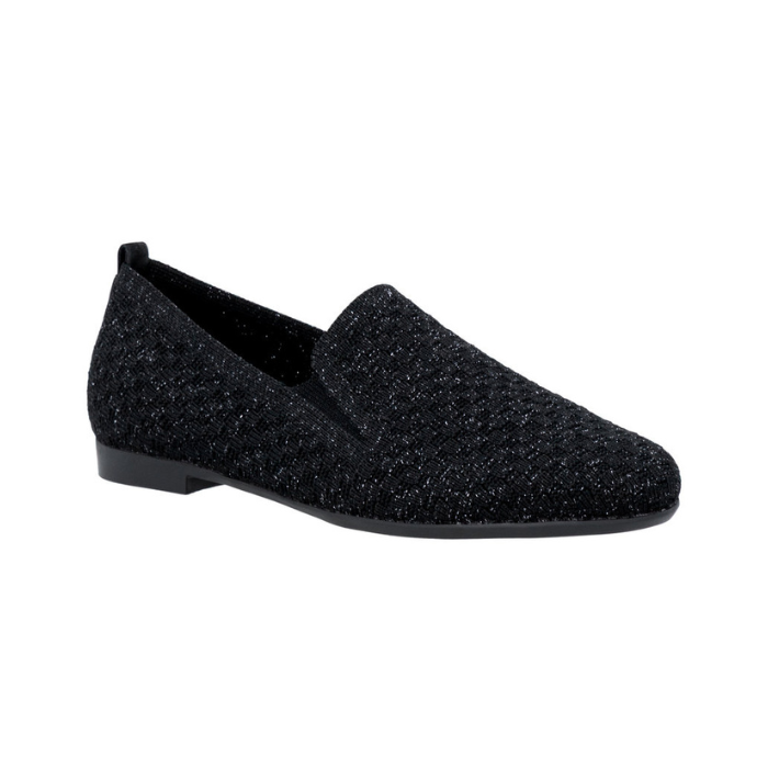 Black glittery loafer with slim profile, heel tab and black rubber outsole.