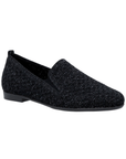 Black glittery loafer with slim profile, heel tab and black rubber outsole.