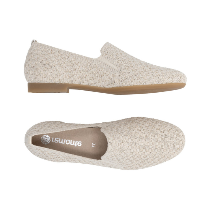 Pair of Beige glittery loafers with slim profile, heel tab, tan Remonte logo'd footbed and brown rubber outsole.