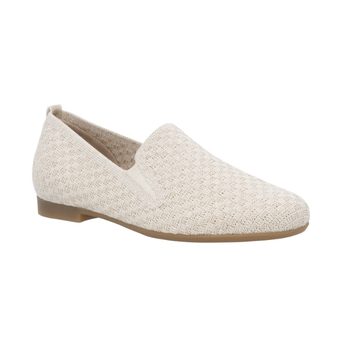 Beige glittery loafer with slim profile, heel tab and brown rubber outsole.