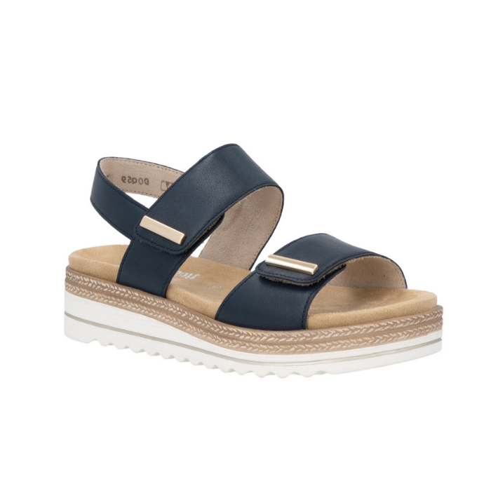Backstrap Sandal in navy with gold accents, two Velcro straps, tan Remonte logo'd footbed, faux jute and white platform midsole and lugged white outsole.