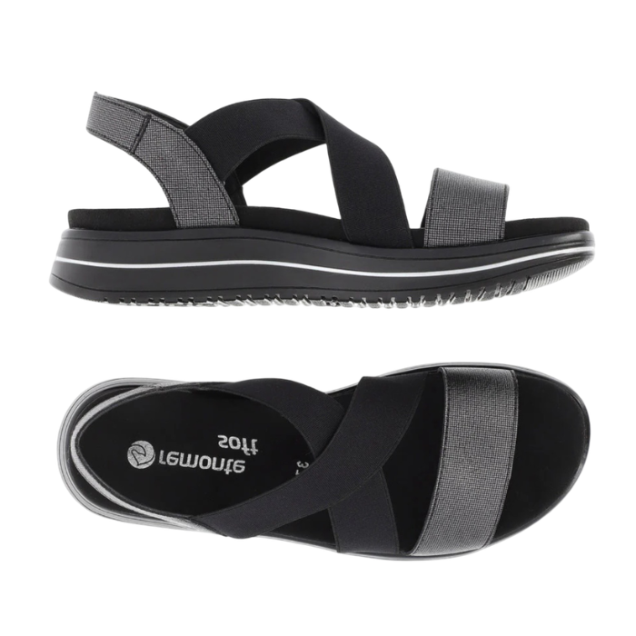 Pair of  black and gray platform sandals with crisscross elastic straps, a wide textured band over toe and black outsole.