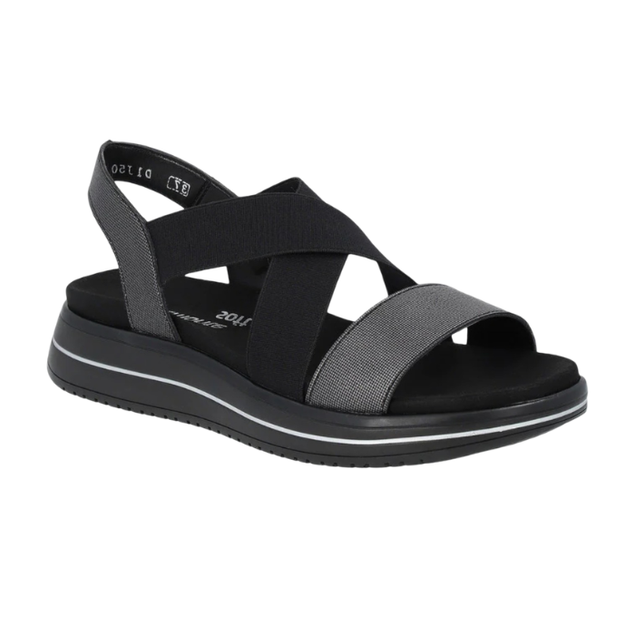 A black and gray platform sandal with crisscross elastic straps, a wide textured band over toe and black outsole.