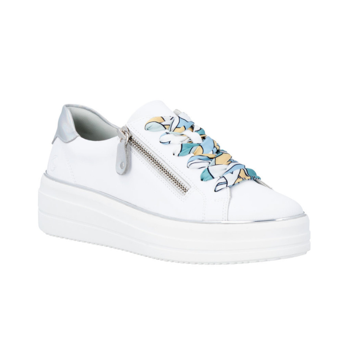 White lace-up platform sneaker with colorful laces, side zipper, silver heel accent and white outsole.