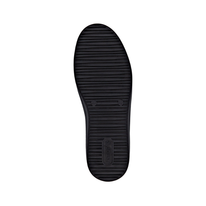 Black line treaded outsole with Remonte logo on heel.