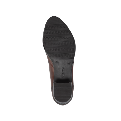 Light treaded black rubber outsole of ankle boot with low block heel and Remonte logo stamped in middle.