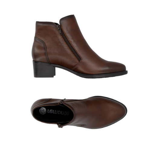 Pair of Brown ankle boots with side zipper, light burnished leather, Remonte logo'd footbed and low block heel.
