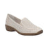 Beige star perforated loafer with criss-cross stitching attaching the upper to the brown outsole.
