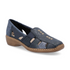 Navy leather loafer with cutout design and snake-pattern light blue accents, accent beige stitching and a brown outsole.
