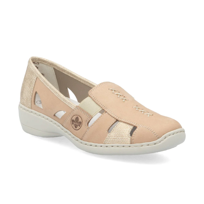 Beige leather loafer with cutout design and textured gold accents, accent beige stitching and a white outsole.