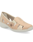 Beige leather loafer with cutout design and textured gold accents, accent beige stitching and a white outsole.