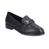 Black loafer shoe with a silver buckle.