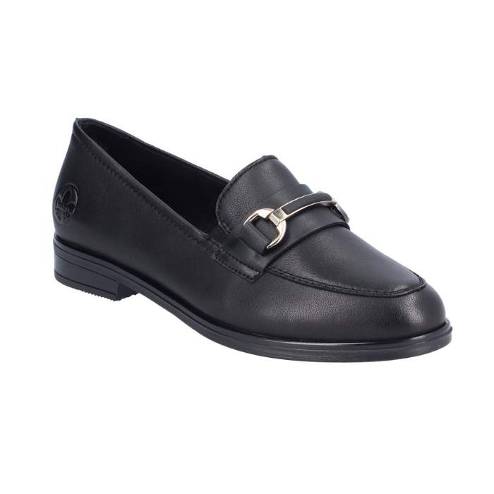 Black loafer shoe with a silver buckle.