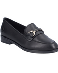 Black loafer shoe with a silver buckle.