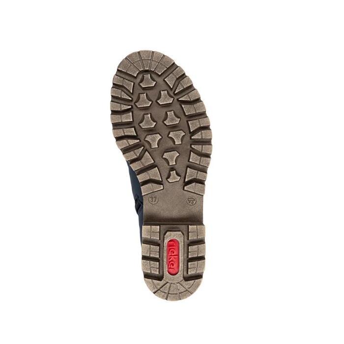 Brown deep treaded outsole with red Rieker logo stamped in heel.