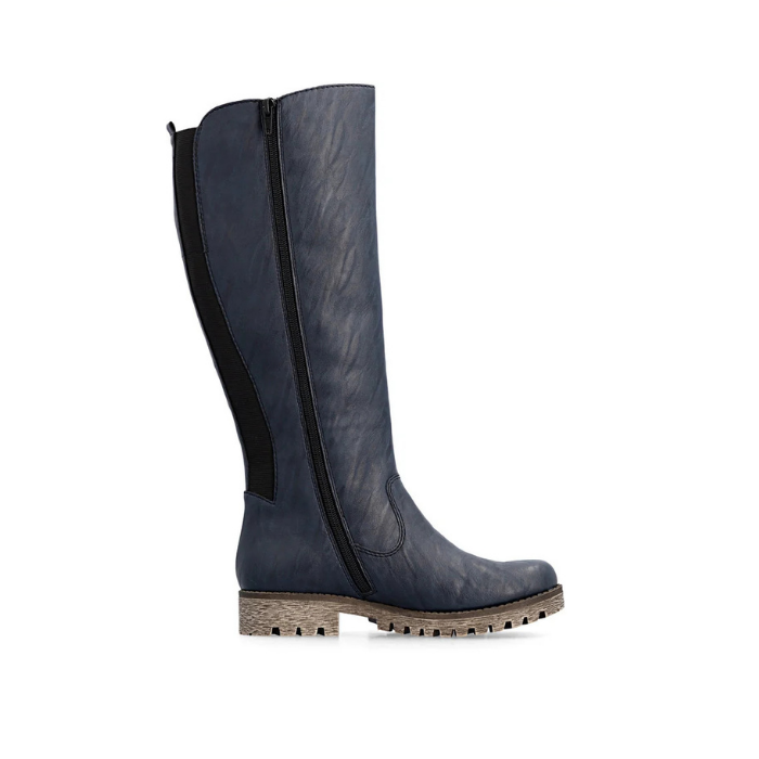 A single knee-high boot in dark navy blue leather with a textured finish, inside zipper and a brown lug outsole.