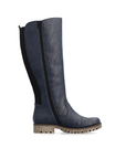 A single knee-high boot in dark navy blue leather with a textured finish, inside zipper and a brown lug outsole.