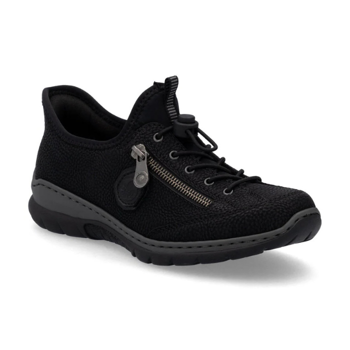 Women's Rieker L32F1 Slip-On Sneaker in black with side zipper and flexible sole, ideal for lightweight comfort and casual wear.