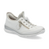 Slip-on Sneaker in white with faux side zipper, toggle on elastic lacing, silver cuff and midsole and white outsole.