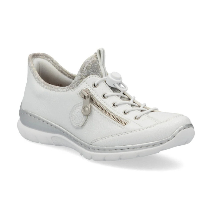 Women's Rieker L32F1 Slip-On Sneaker in white with side zipper and soft lining, designed for lightweight summer comfort and style.