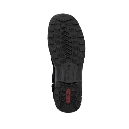 Black deep treaded outsole with red Rieker logo stamped in heel.