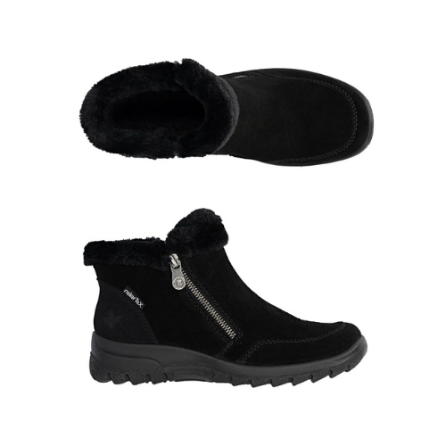 Pair of black ankle winter boots with a plush faux-fur collar, dual zippers and a rugged outsole.