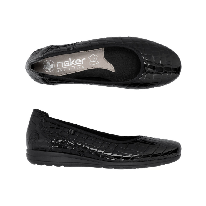 Pair of All Black snake skin patent leather ballet flat with tan Rieker logo'd footbed. 