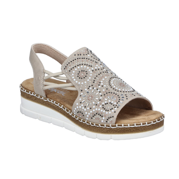 Beige sandal with rhinestone embellishments and platform white wedge.