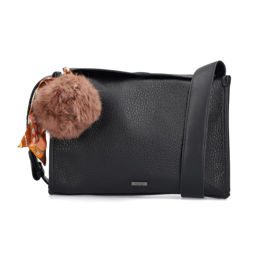 Black handbag with a fluffy brown pom-pom charm.