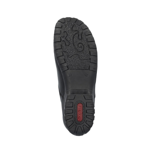 Black treaded outsole with red Rieker logo stamped in heel.