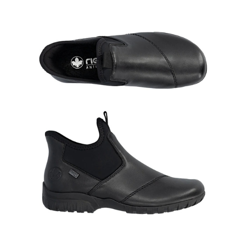 A pair of black step-in ankle boots with leather upper, black detail stitching, Rieker logo'd footbed, stretch material cuff and treaded outsole.