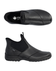 A pair of black step-in ankle boots with leather upper, black detail stitching, Rieker logo'd footbed, stretch material cuff and treaded outsole.