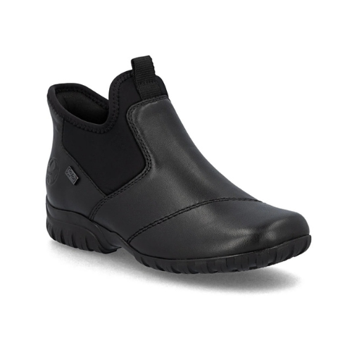 A black step-in ankle boot with leather upper, black detail stitching, stretch material cuff and treaded outsole.