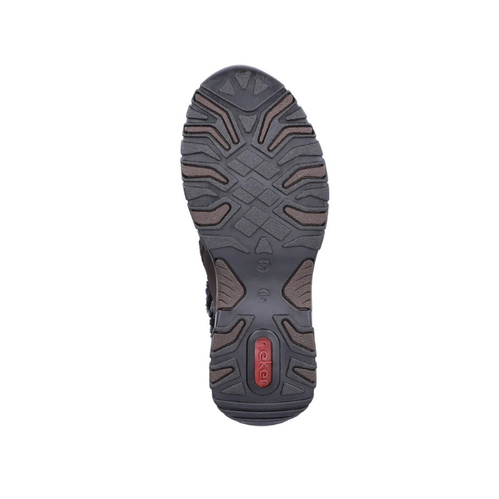 Black deep treaded outsole with brown accents and red Rieker logo stamped in heel.