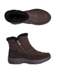 Pair of Brown nylon ankle boots with fur trim, silver side zipper on each side, detail stitch pattern and treaded outsole.