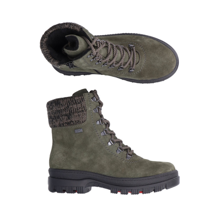 Pair of Green lace up mid boots with grey knit collar, side zipper, rugged black outsole, and retractable ice cleats.