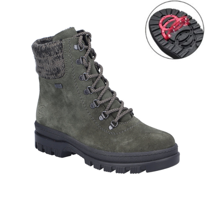 Green lace up mid boot with grey knit collar, rugged black outsole, and retractable ice cleats.
