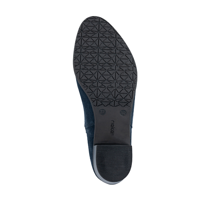 Black rubber light treaded outsole with low block heel and Rieker logo stamped in middle.