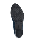 Black rubber light treaded outsole with low block heel and Rieker logo stamped in middle.