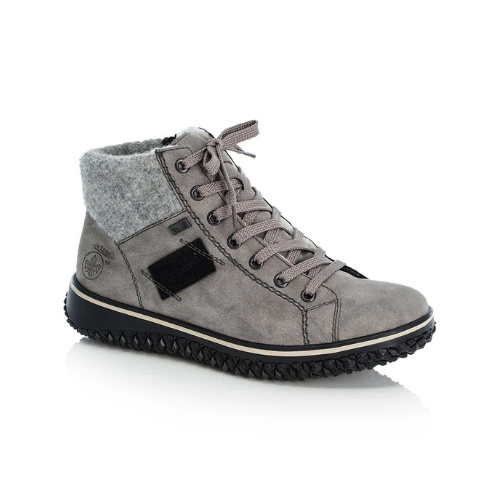 Grey ankle boot with light grey felt cuff, black accent patch, laces and black treaded outsole.
