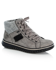 Grey ankle boot with light grey felt cuff, black accent patch, laces and black treaded outsole.