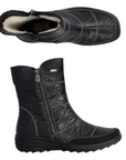 Pair of Black leather boots with dual zippers, detailed grey stitching, wool lining and treaded outsole.